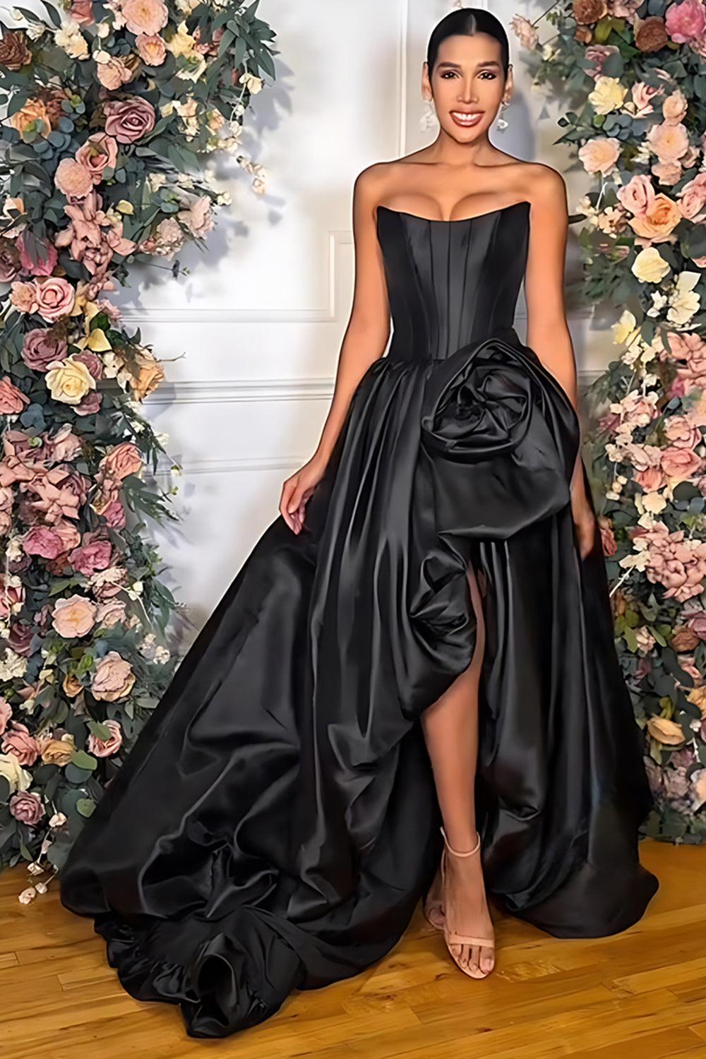 Pink A Line Prom Dress Satin Strapless Long Corset Formal Dress With 3D Flower
