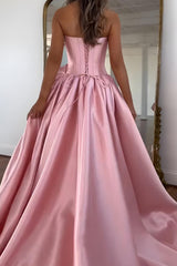 Pink A Line Prom Dress Satin Strapless Long Corset Formal Dress With 3D Flower