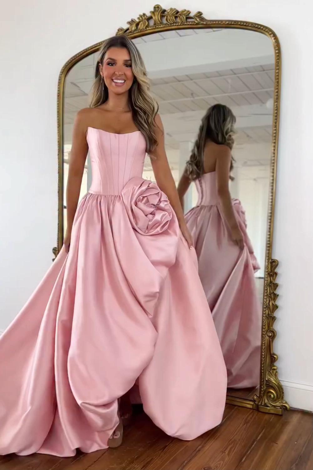 Pink A Line Prom Dress Satin Strapless Long Corset Formal Dress With 3D Flower