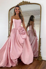 Pink A Line Prom Dress Satin Strapless Long Corset Formal Dress With 3D Flower