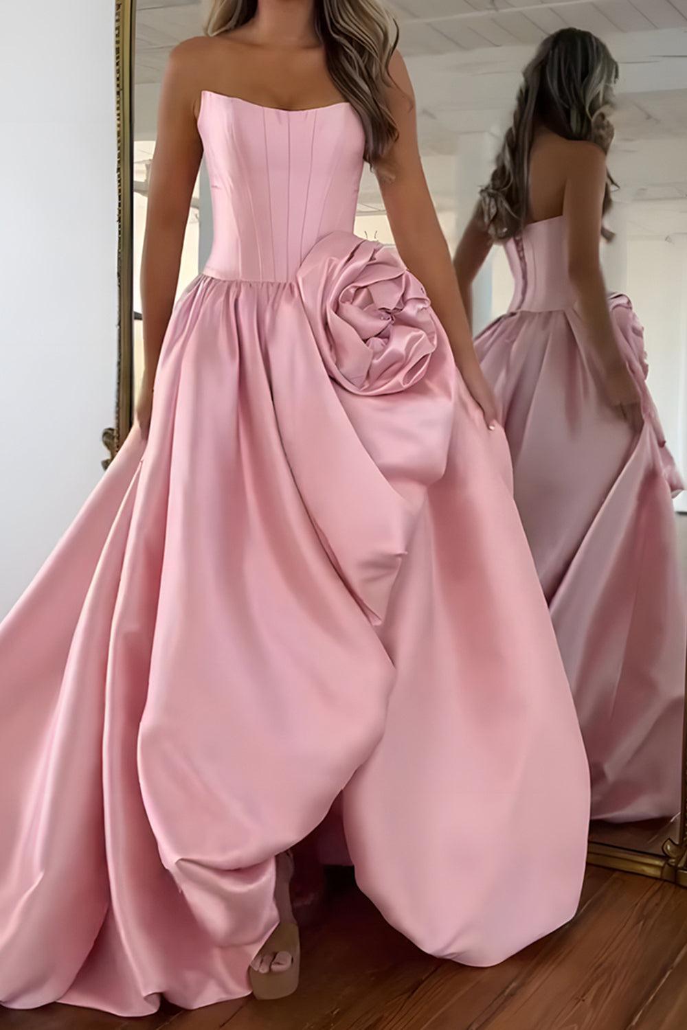 Pink A Line Prom Dress Satin Strapless Long Corset Formal Dress With 3D Flower