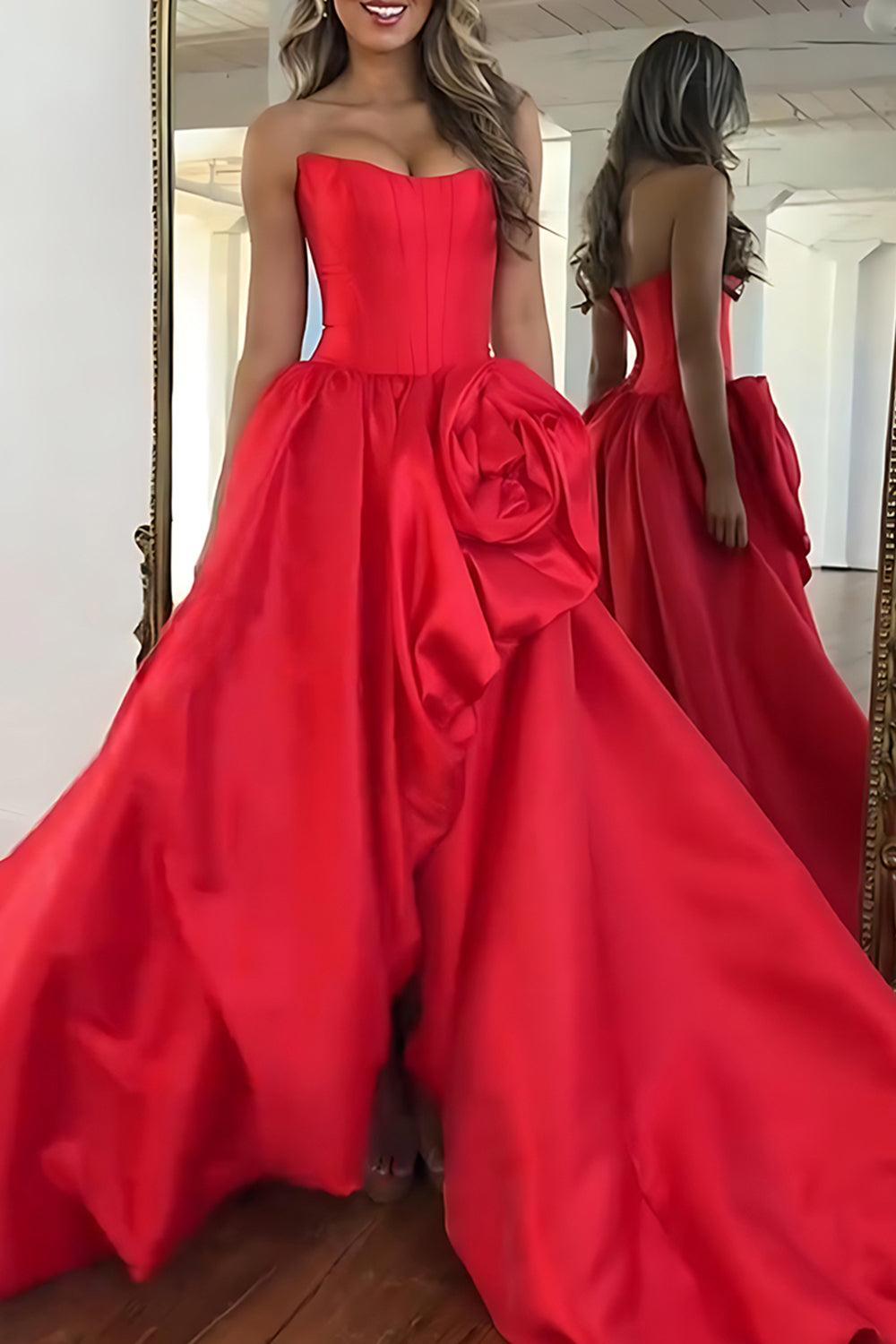 Pink A Line Prom Dress Satin Strapless Long Corset Formal Dress With 3D Flower