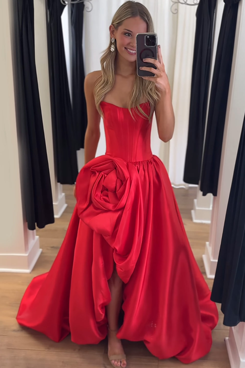 Pink A Line Prom Dress Satin Strapless Long Corset Formal Dress With 3D Flower