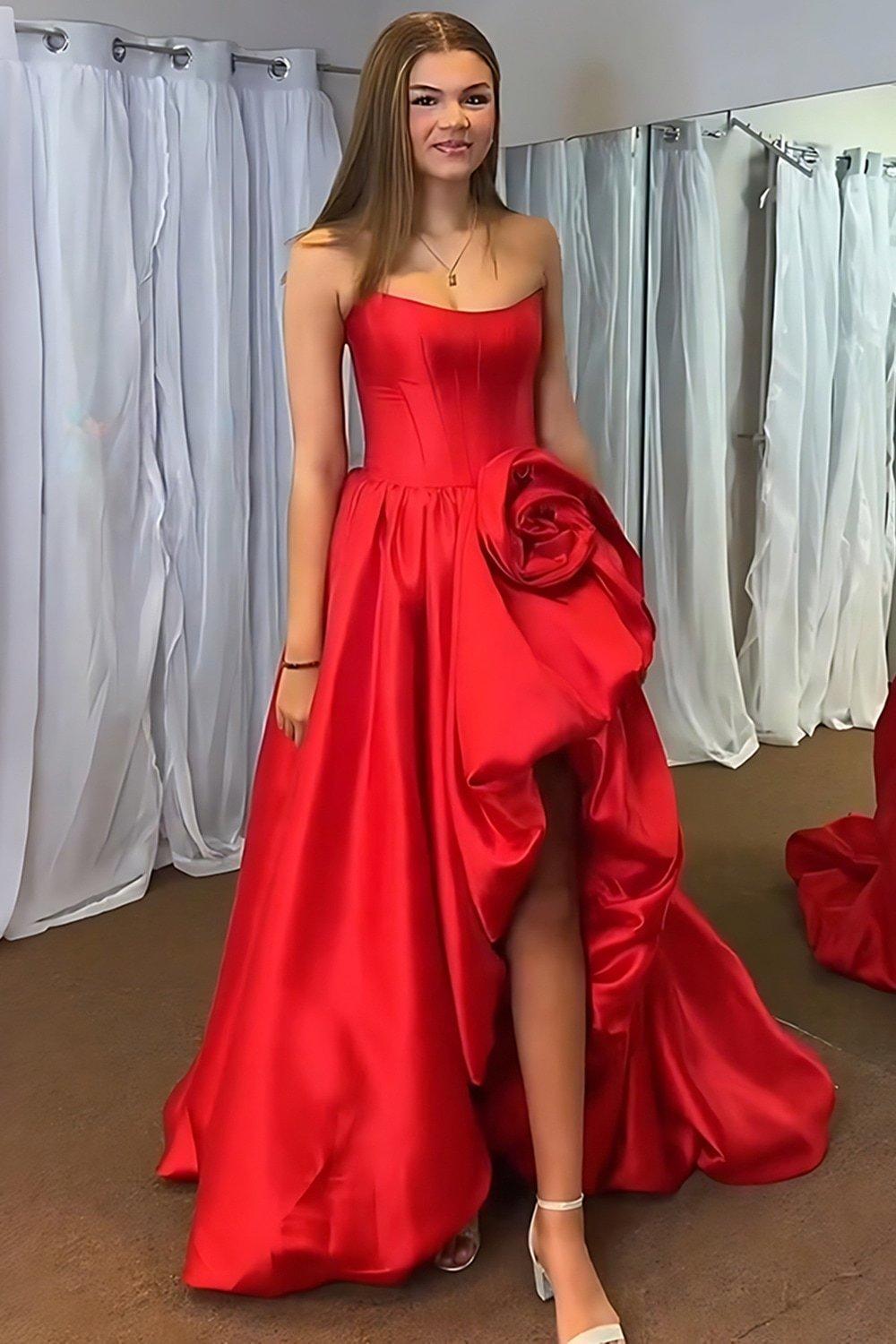 Pink A Line Prom Dress Satin Strapless Long Corset Formal Dress With 3D Flower