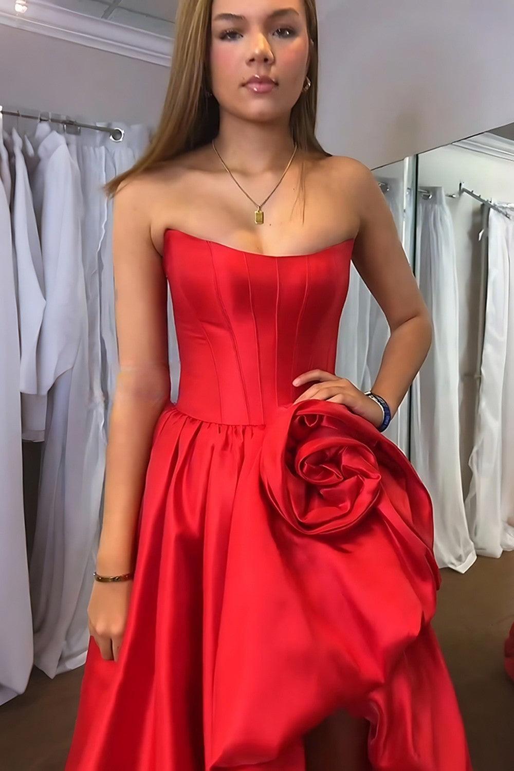 Pink A Line Prom Dress Satin Strapless Long Corset Formal Dress With 3D Flower