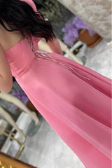 Pink A Line Prom Dress Short Sleeve One Shoulder Formal Dress