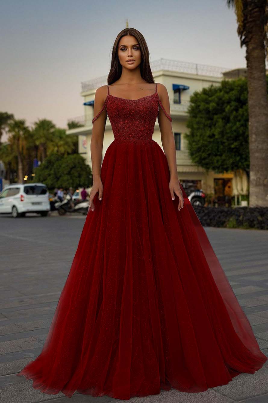 Pink A Line Prom Dress Sleeveless Spaghetti Straps Formal Dress With Beadings