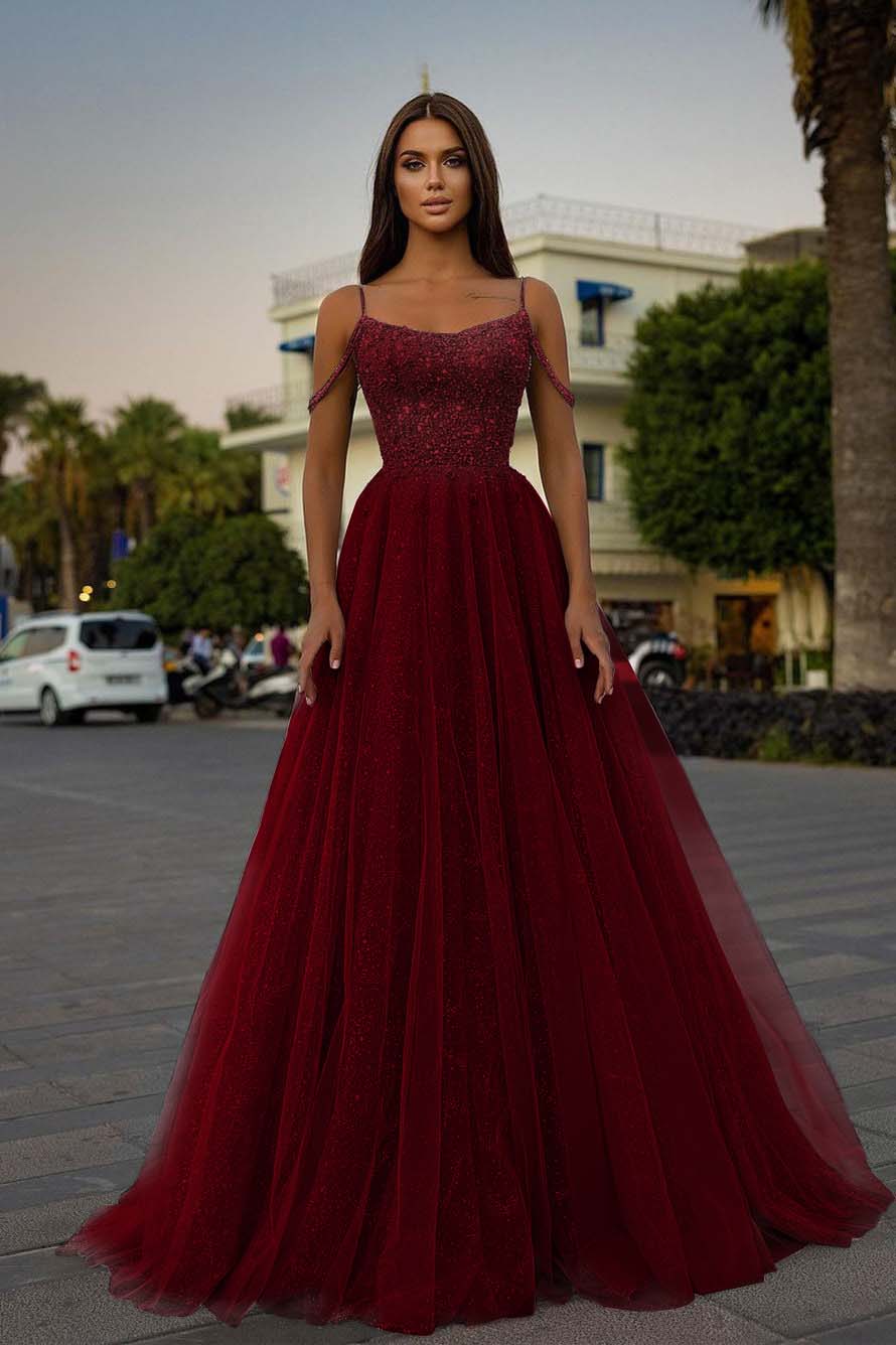 Pink A Line Prom Dress Sleeveless Spaghetti Straps Formal Dress With Beadings