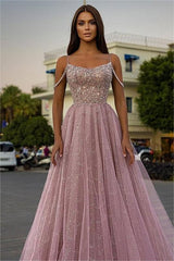 Pink A Line Prom Dress Sleeveless Spaghetti Straps Formal Dress With Beadings