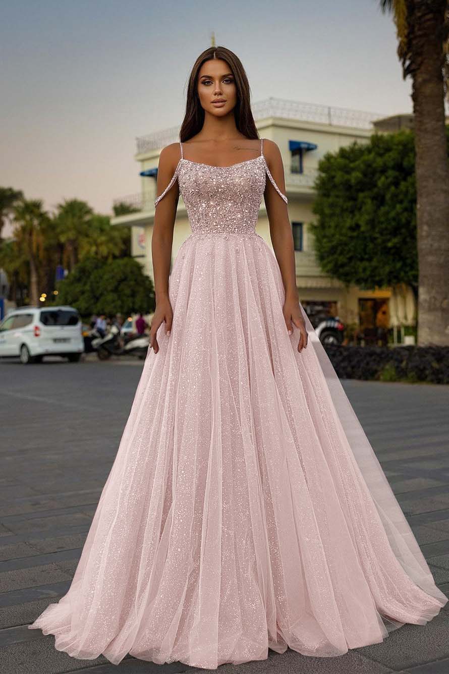 Pink A Line Prom Dress Sleeveless Spaghetti Straps Formal Dress With Beadings