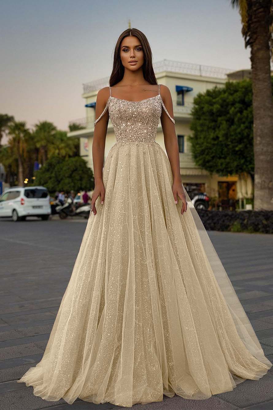 Pink A Line Prom Dress Sleeveless Spaghetti Straps Formal Dress With Beadings
