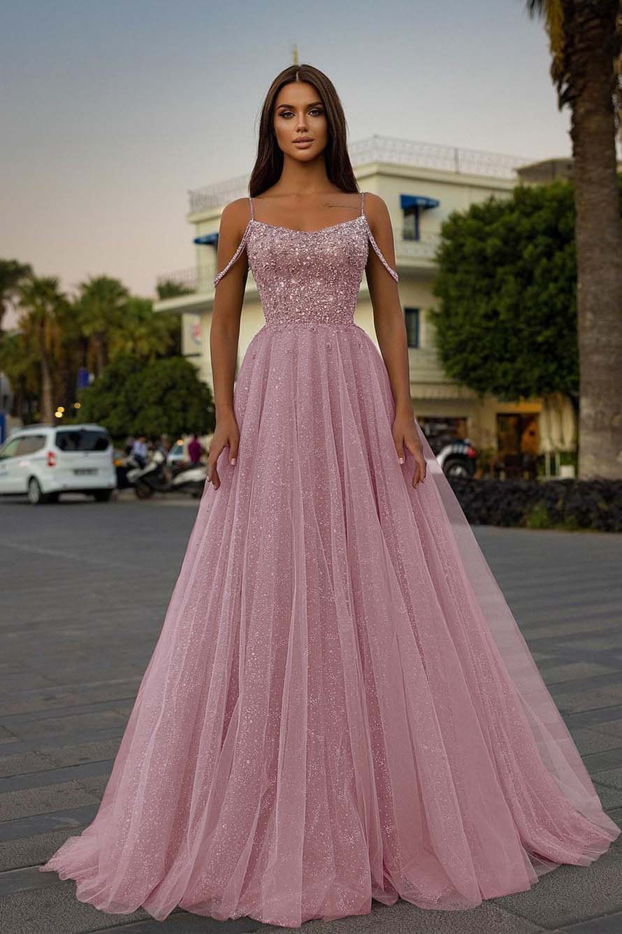 Pink A Line Prom Dress Sleeveless Spaghetti Straps Formal Dress With Beadings