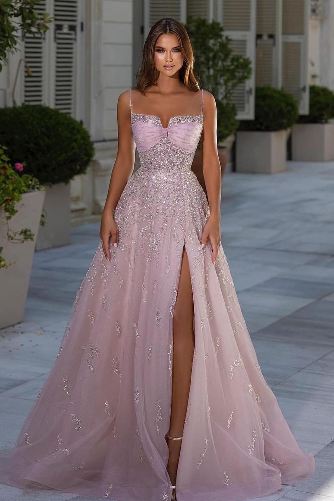 Pink A Line Prom Dress Sleeveless Spaghetti Straps Formal Dress With Beadings and Rhinestones