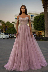 Pink A Line Prom Dress Sleeveless Spaghetti Straps Formal Dress With Beadings