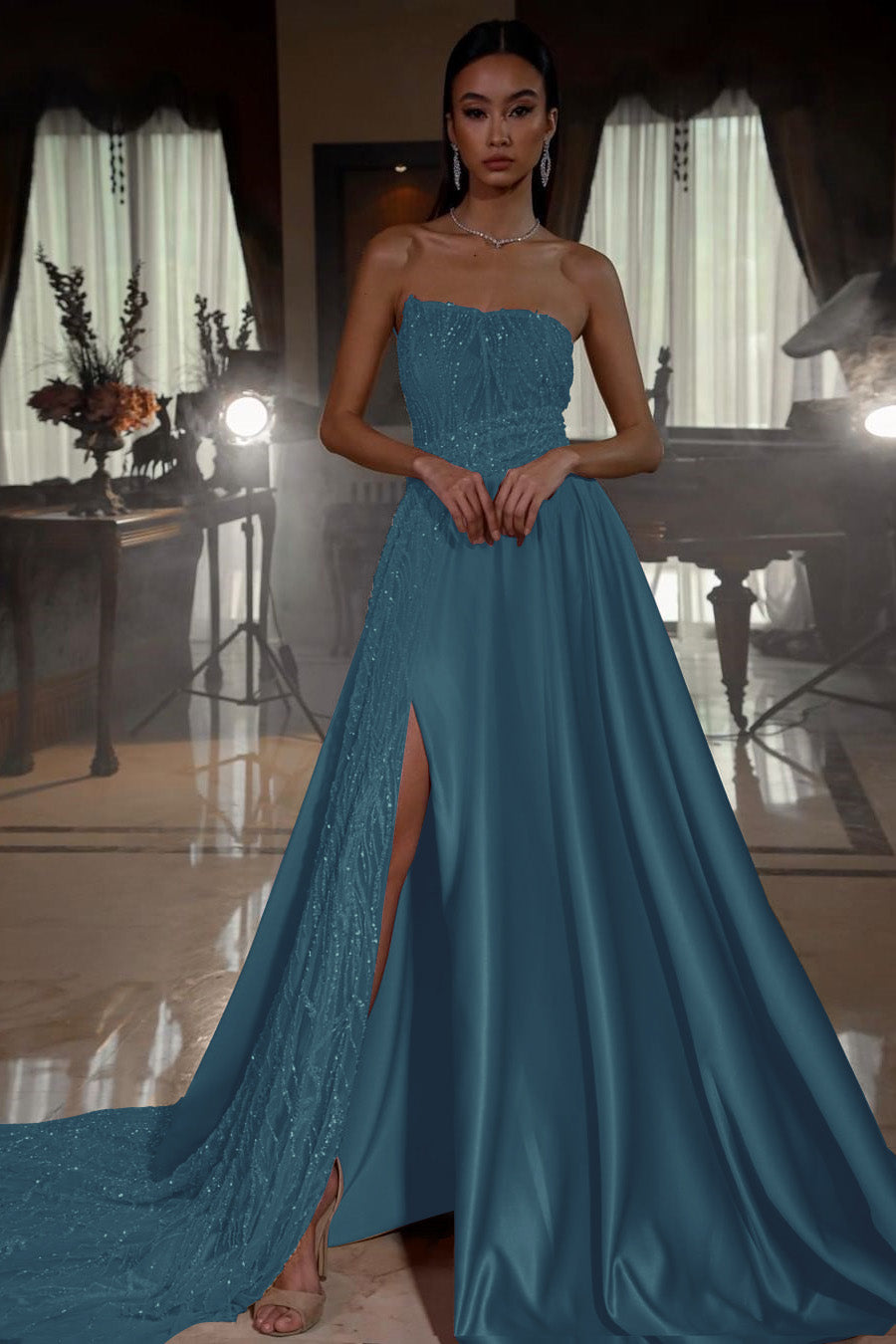 Pink A Line Prom Dress Sleeveless Strapless Satin Formal Dress With Sequins