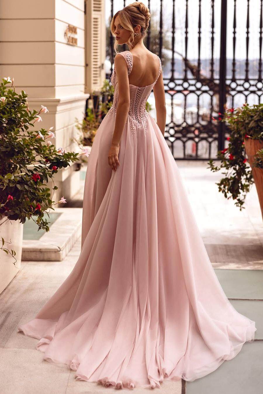 Pink A Line Prom Dress Sleeveless Straps Formal Dress With Beadings