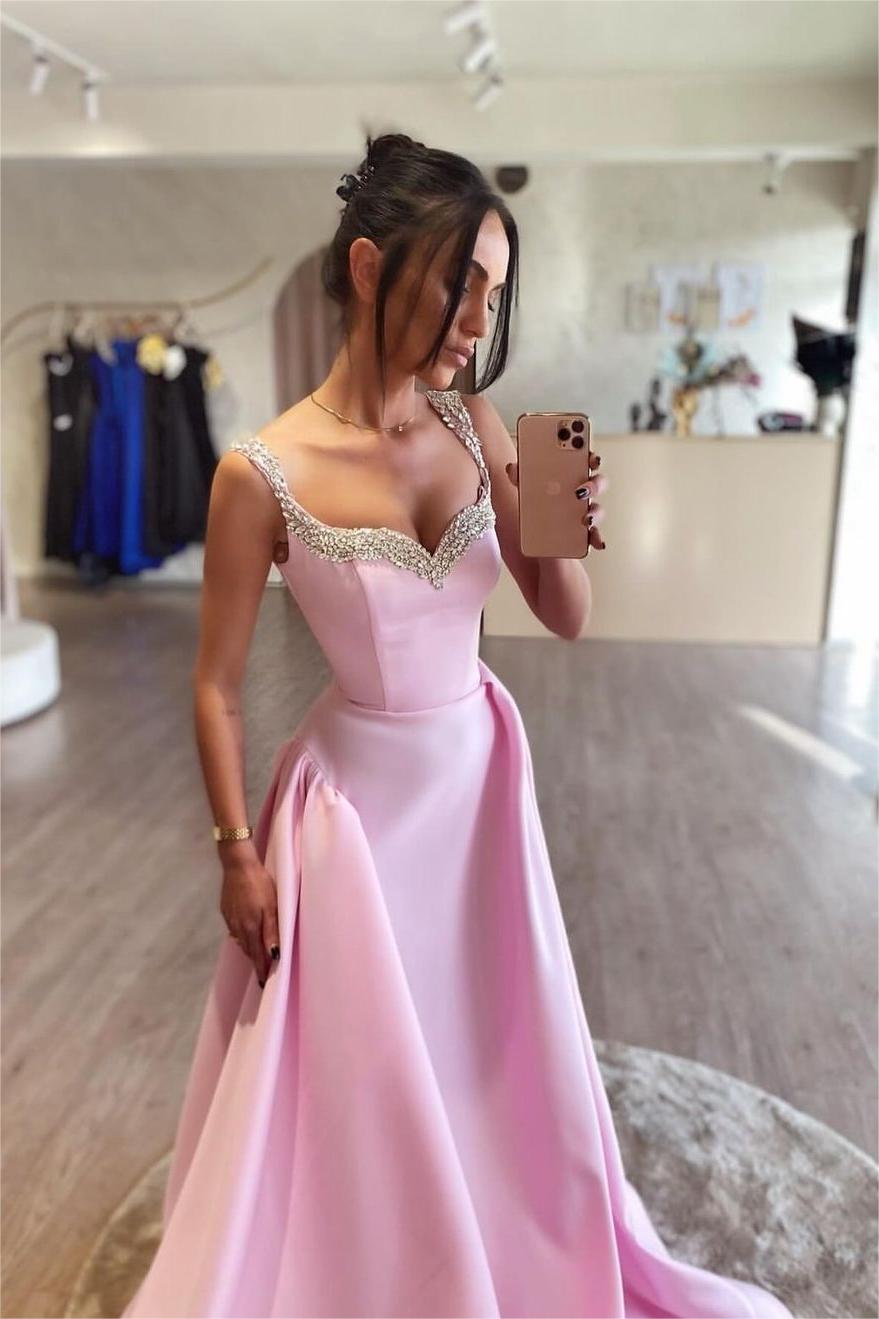 Pink A Line Prom Dress Sleeveless Straps Formal Dress With Beadings and Rhinestones