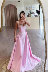 Pink A Line Prom Dress Sleeveless Straps Formal Dress With Beadings and Rhinestones