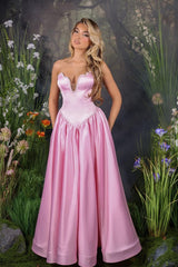 Pink A Line Prom Dress Sleeveless Sweetheart Formal Dress With Beadings and Rhinestones