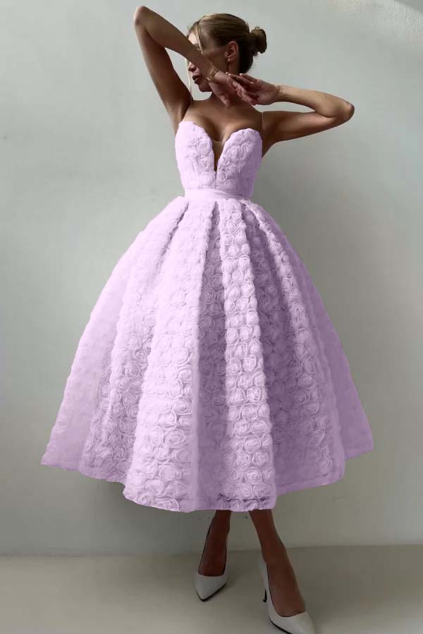 Pink A Line Prom Dress Sleeveless Sweetheart Tea Length Formal Dress With Lace Appliques