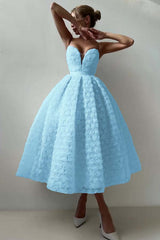 Pink A Line Prom Dress Sleeveless Sweetheart Tea Length Formal Dress With Lace Appliques