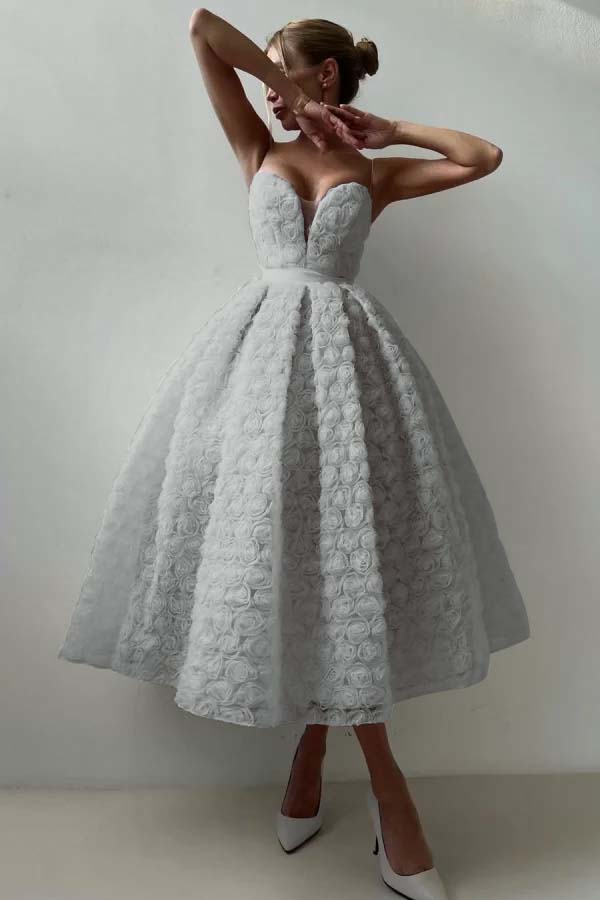 Pink A Line Prom Dress Sleeveless Sweetheart Tea Length Formal Dress With Lace Appliques