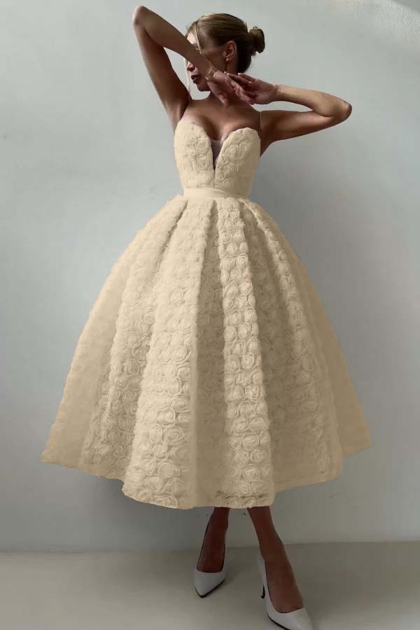 Pink A Line Prom Dress Sleeveless Sweetheart Tea Length Formal Dress With Lace Appliques