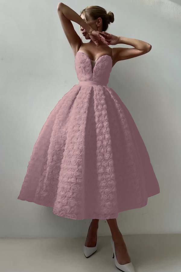 Pink A Line Prom Dress Sleeveless Sweetheart Tea Length Formal Dress With Lace Appliques