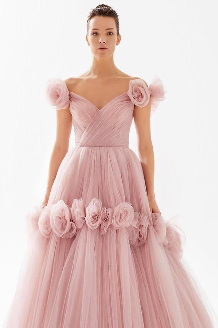 Pink Ball Gown Prom Dress Cap Sleeve Off the Shoulder Formal Dress With 3D Flowers