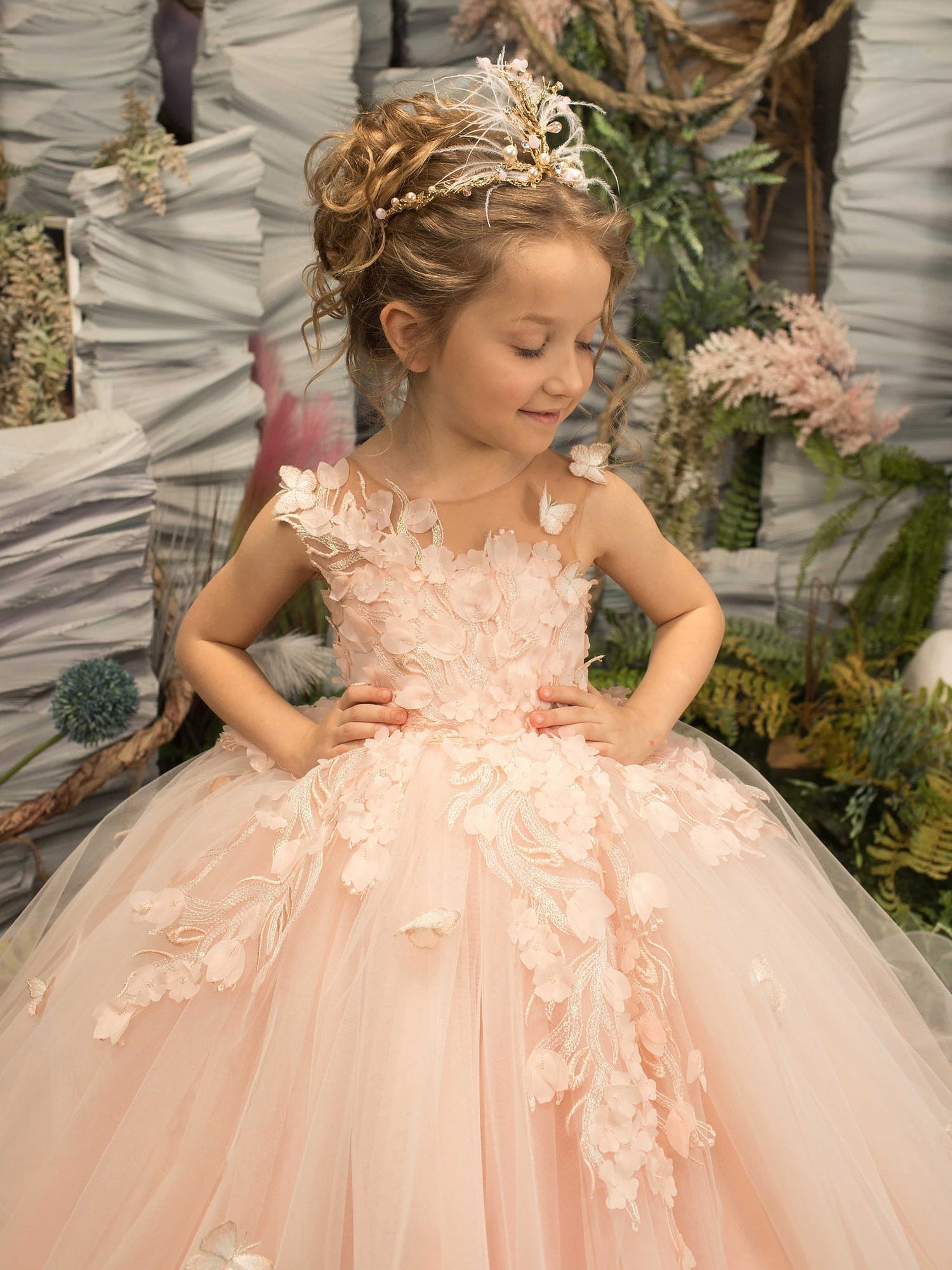 Pink Ball Gown Tulle Princess Flower Girl Dress with Lace Appliques