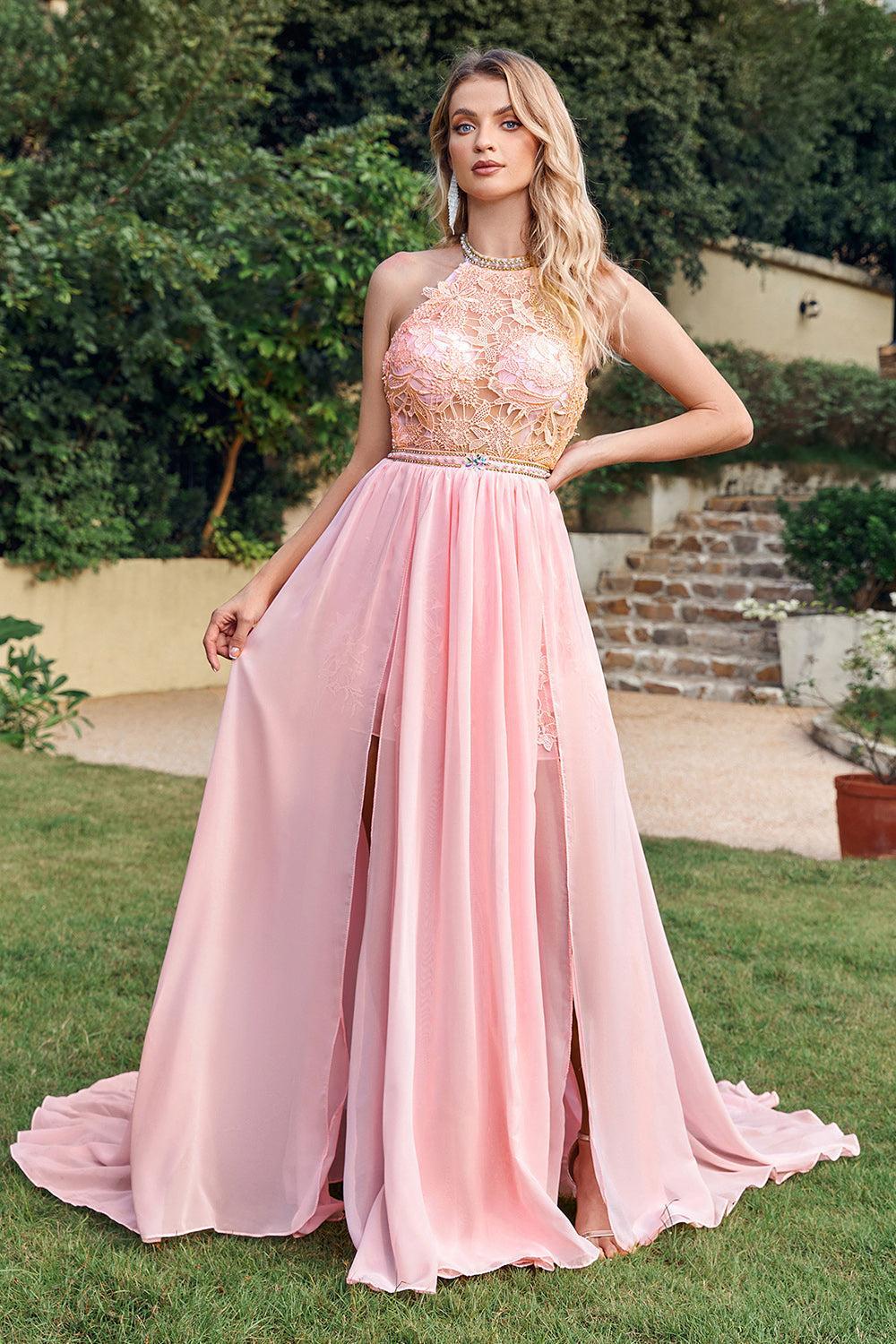 Pink Bridesmaid Dress Halter Chiffon Lace Sleeveless Prom Dress