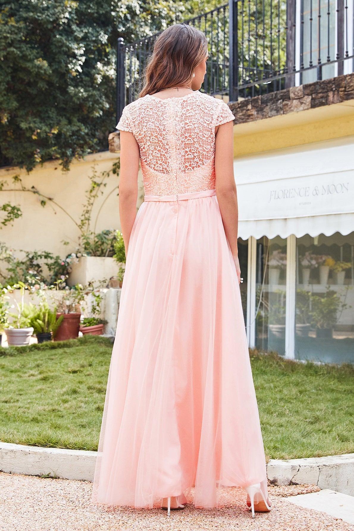Dressystars Women Pink Crew Neck Mother of the Bride Dress Cap Sleeve Bridesmaid Dress