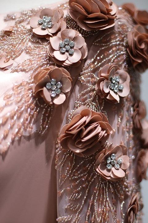 Pink Detachable Train Prom Dress Long Sleeve Bateau Neck Formal Dress With 3D Flowers