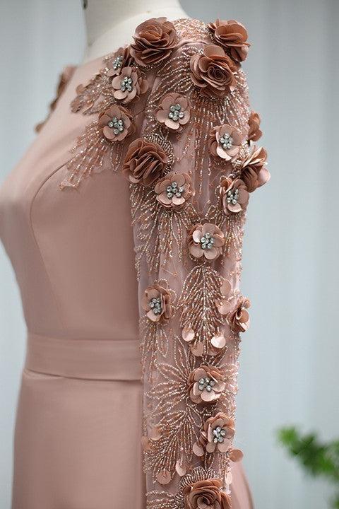 Pink Detachable Train Prom Dress Long Sleeve Bateau Neck Formal Dress With 3D Flowers