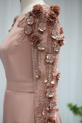 Pink Detachable Train Prom Dress Long Sleeve Bateau Neck Formal Dress With 3D Flowers