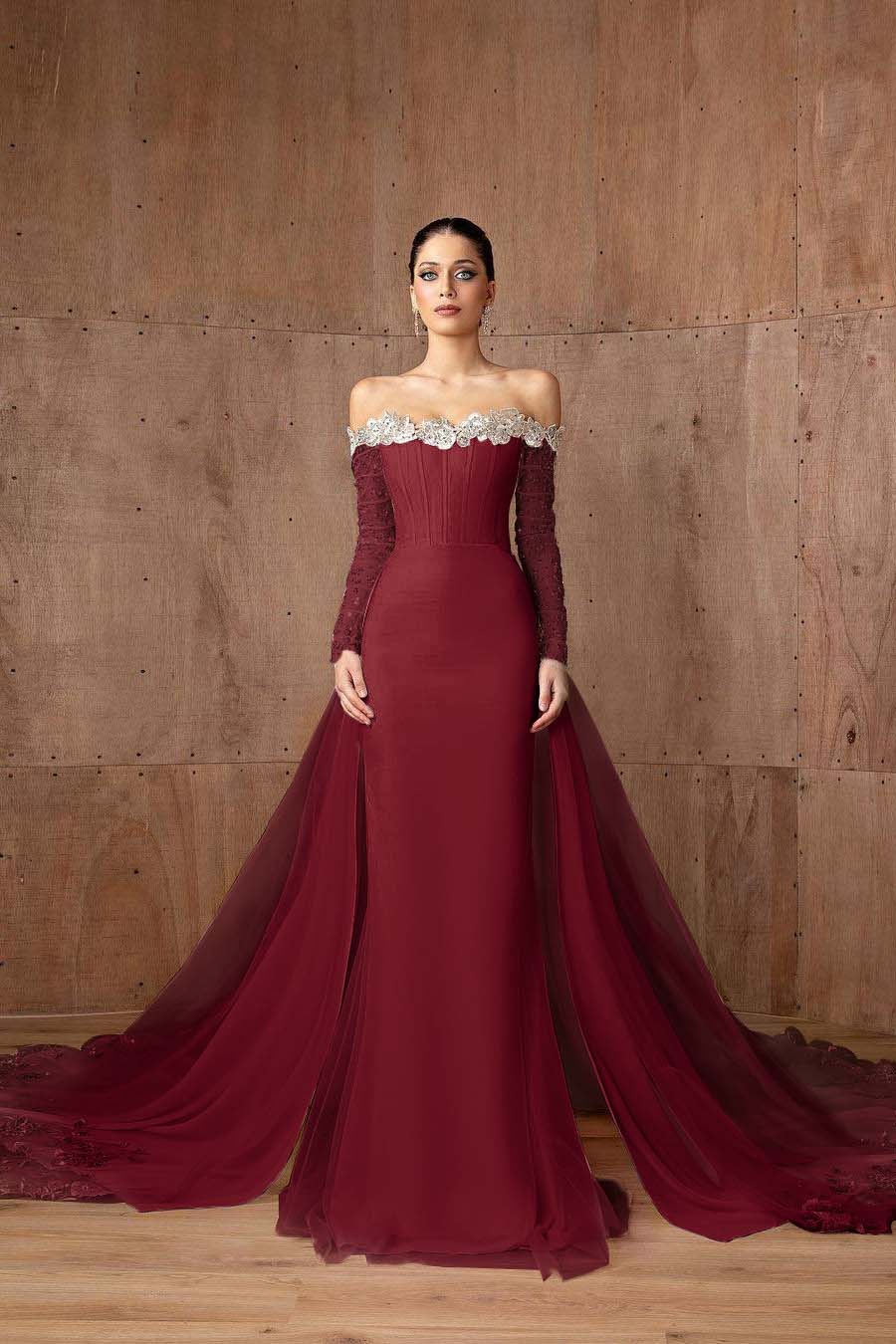 Pink Detachable Train Prom Dress Long Sleeve Off the Shoulder Formal Dress With Sequins
