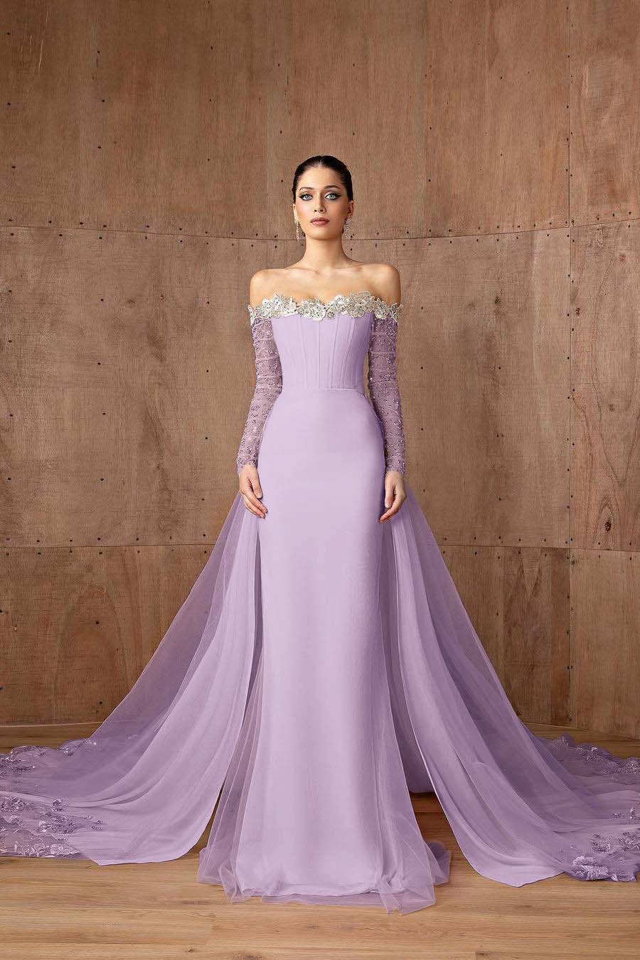Pink Detachable Train Prom Dress Long Sleeve Off the Shoulder Formal Dress With Sequins