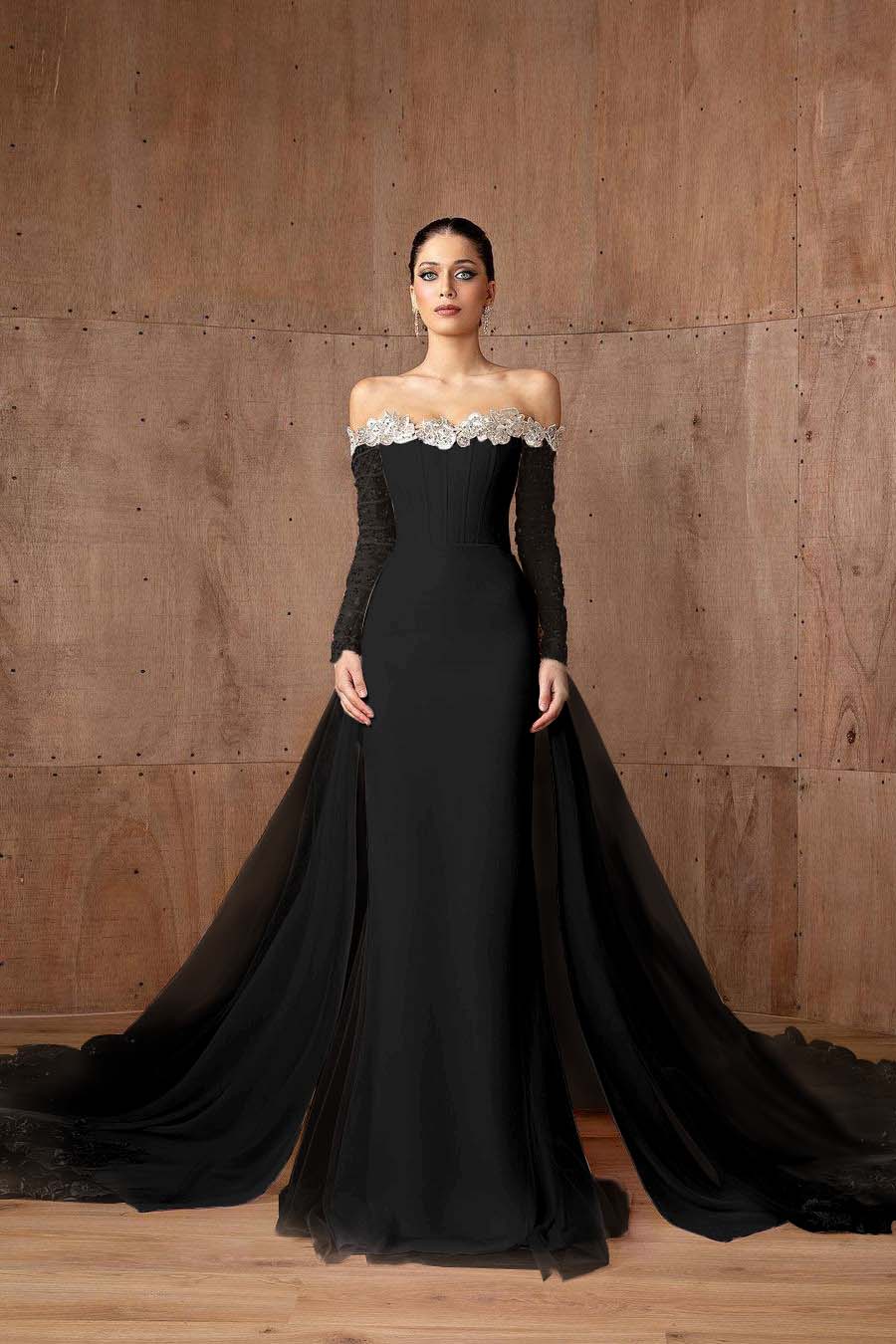 Pink Detachable Train Prom Dress Long Sleeve Off the Shoulder Formal Dress With Sequins