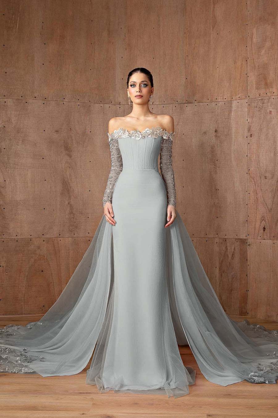 Pink Detachable Train Prom Dress Long Sleeve Off the Shoulder Formal Dress With Sequins