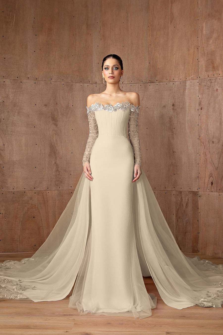 Pink Detachable Train Prom Dress Long Sleeve Off the Shoulder Formal Dress With Sequins