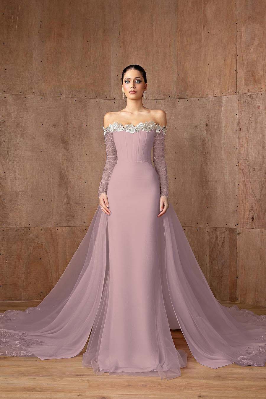 Pink Detachable Train Prom Dress Long Sleeve Off the Shoulder Formal Dress With Sequins