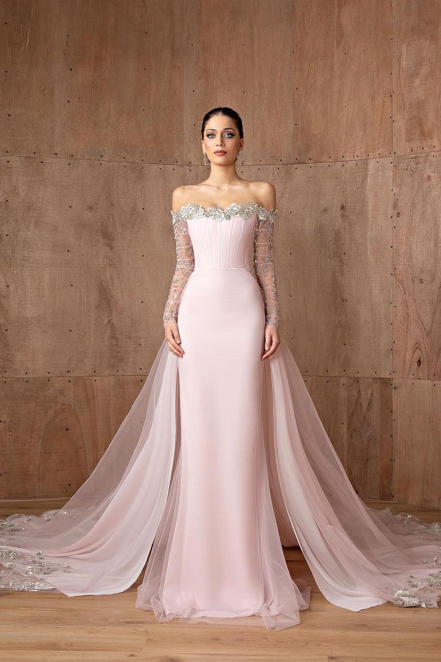 Pink Detachable Train Prom Dress Long Sleeve Off the Shoulder Formal Dress With Sequins