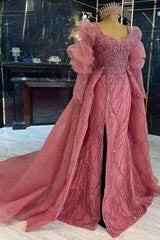 Pink Detachable Train Prom Dress Long Sleeve V Neck Formal Dress With Beadings and Rhinestones
