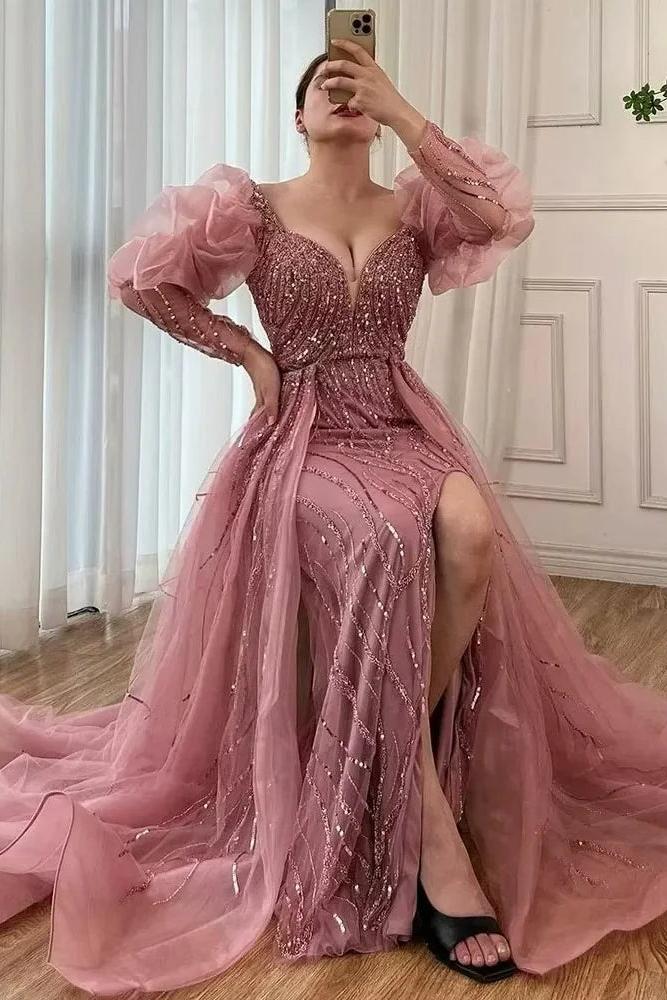 Pink Detachable Train Prom Dress Long Sleeve V Neck Formal Dress With Beadings and Rhinestones
