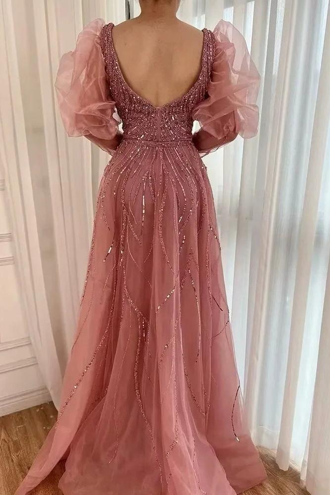 Pink Detachable Train Prom Dress Long Sleeve V Neck Formal Dress With Beadings and Rhinestones