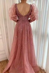 Pink Detachable Train Prom Dress Long Sleeve V Neck Formal Dress With Beadings and Rhinestones
