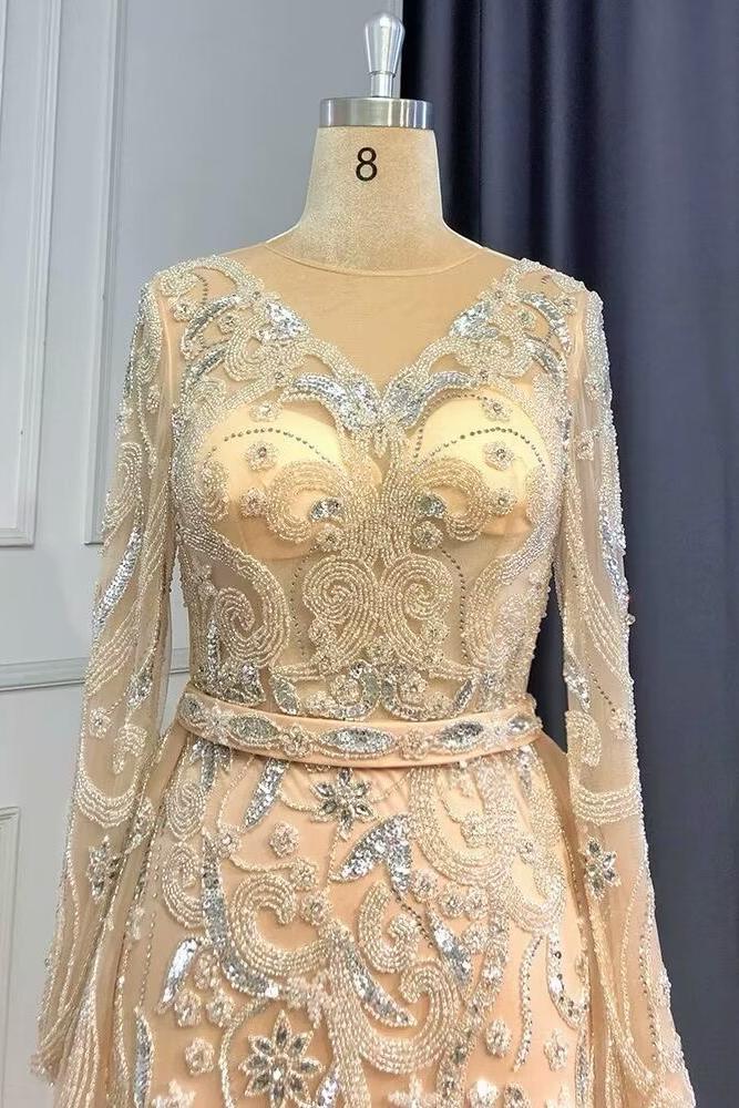 Pink Detachable Train Prom Dress Long Sleeve V Neck Formal Dress With Lace Appliques