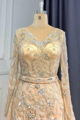 Pink Detachable Train Prom Dress Long Sleeve V Neck Formal Dress With Lace Appliques