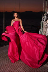 Pink Detachable Train Prom Dress Sleeveless Strapless Formal Dress With Beadings and Rhinestones
