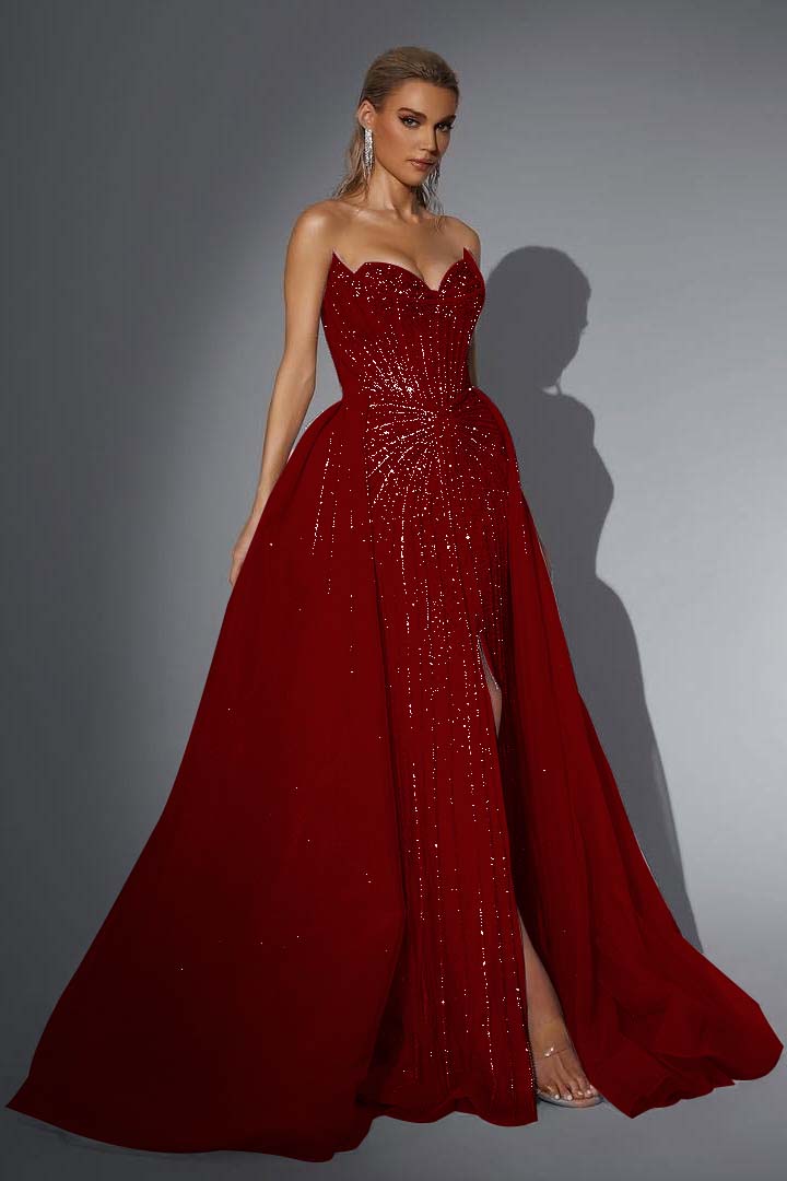 Pink Detachable Train Prom Dress Sleeveless Sweetheart Formal Dress With Beadings and Rhinestones